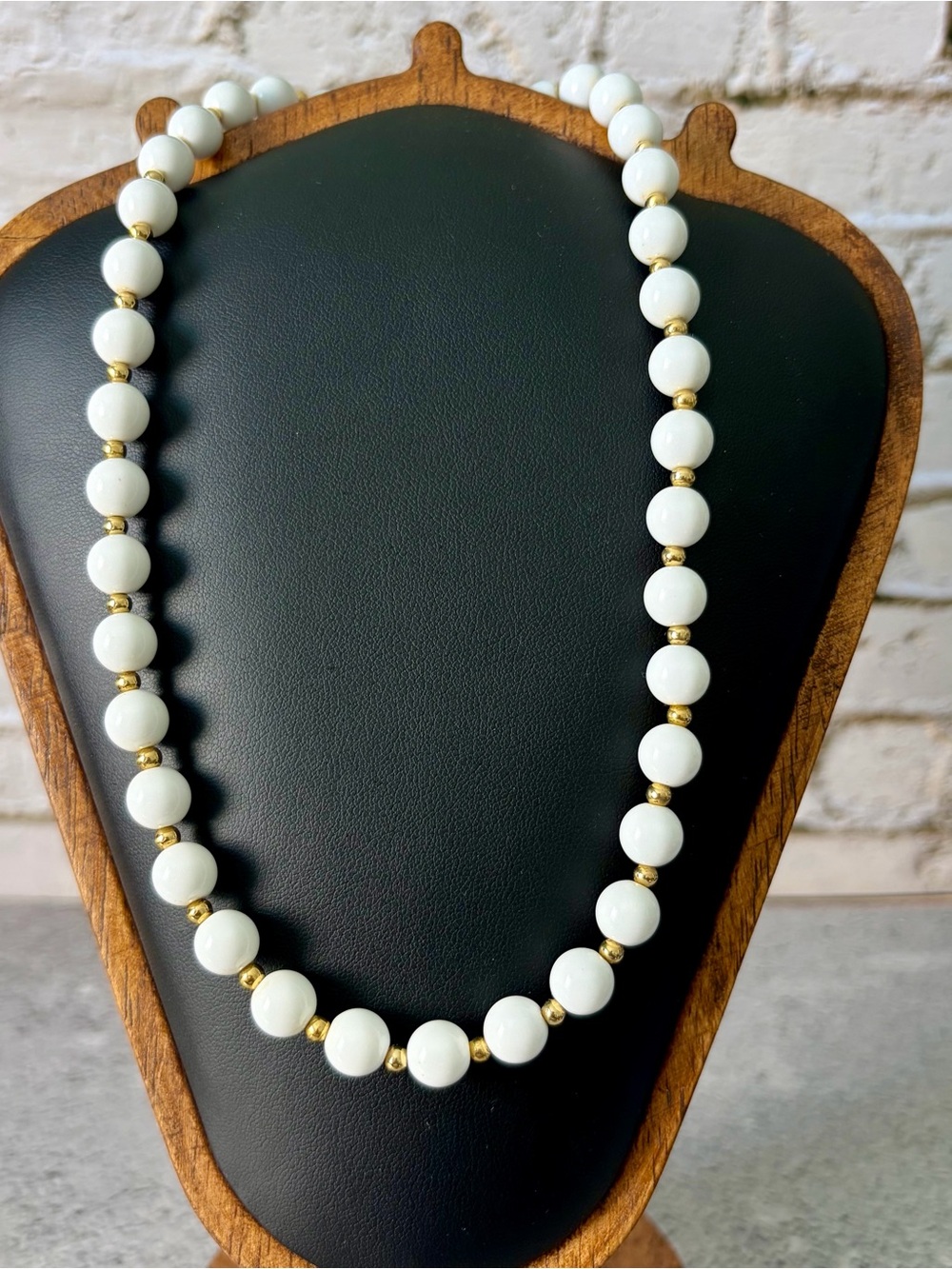 Vintage Monet White Beaded Necklace Gold Tone Spacers Signed Adjustable